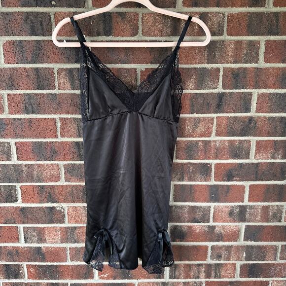 Sm Black Satin Lace Babydoll Slip Dress Lingerie Bows Slits Coquette Goth Fairy - Picture 1 of 7